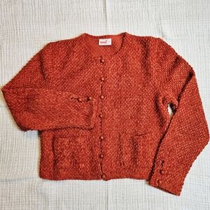 Vintage Boucle Cropped Cardigan With Round Buttons Orange Red Small